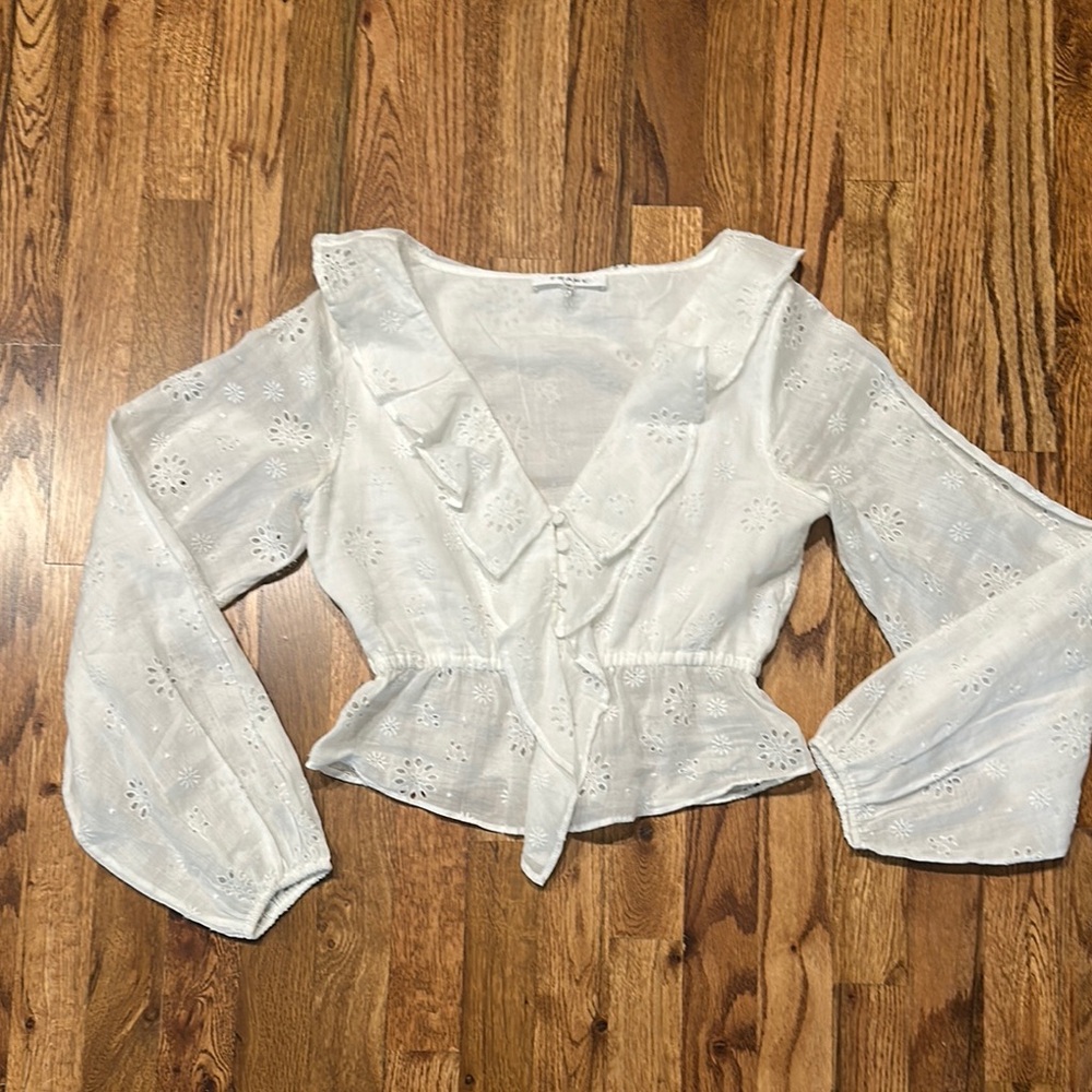 Frame White Eyelet Ruffle Blouse Size XS